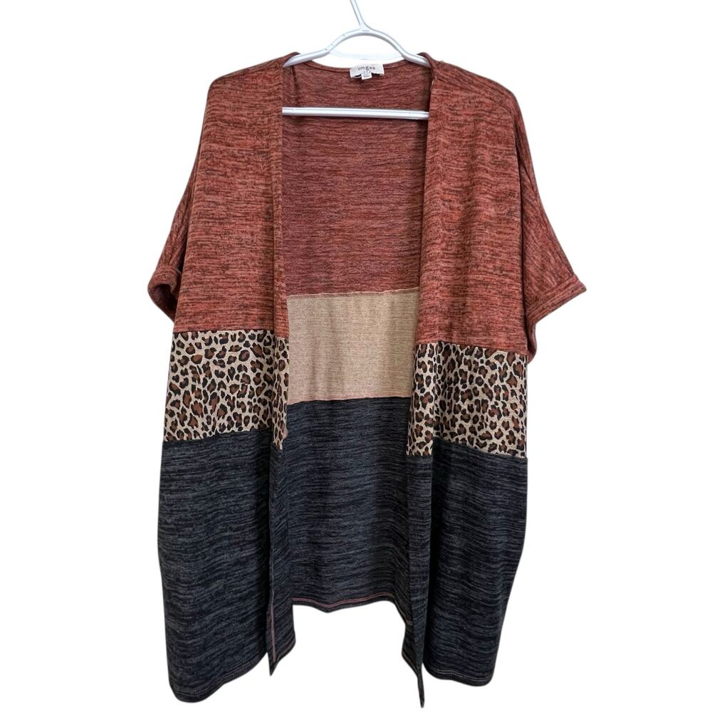 Umgee Cardigan S/M Boho Colorblock Leopard Open Front Dolman Sleeve